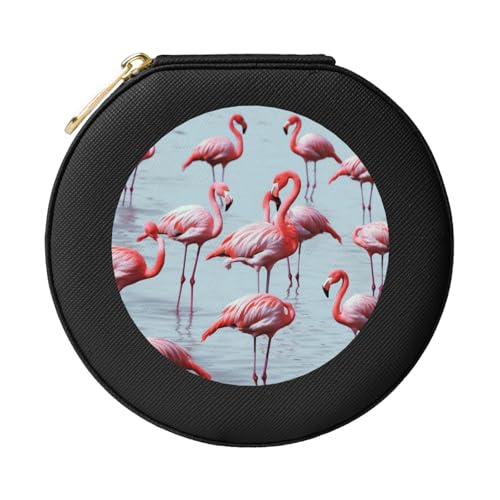 JTKREZ Schöne lustige Schmuckschatulle aus Leder, mit Flamingo-Muster, schwarz, rund, Schmuck-Organizer für Ohrringe, Ringe, Halsketten, Armbänder von JTKREZ