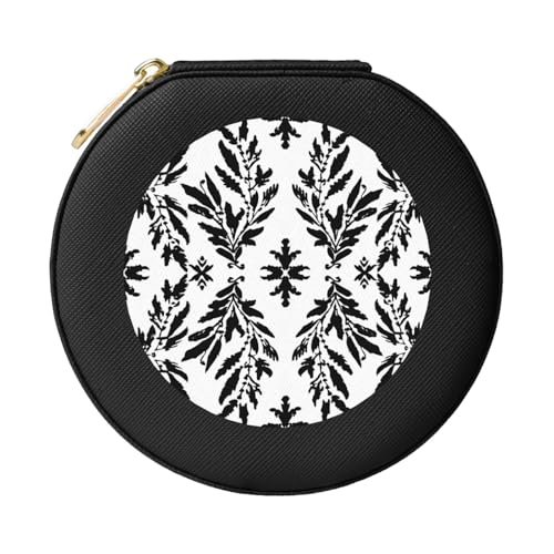 JTKREZ Schwarze und weiße Blätter bedruckte Leder-Schmuckschatulle, schwarzer runder Schmuck-Organizer für Ohrringe, Ringe, Halsketten, Armbänder von JTKREZ
