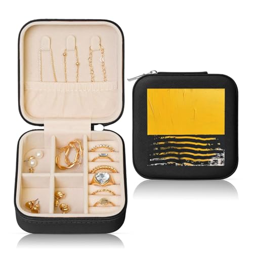 JTKREZ Senfgelb bedruckte Leder-Schmuckschatulle, schwarz, quadratisch, Schmuck-Organizer für Ohrringe, Ringe, Halsketten, Armbänder von JTKREZ