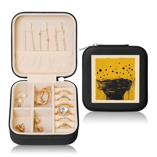 JTKREZ Senfgelb und schwarz bedruckte Leder-Schmuckschatulle, schwarz, quadratisch, Schmuck-Organizer für Ohrringe, Ringe, Halsketten, Armbänder von JTKREZ