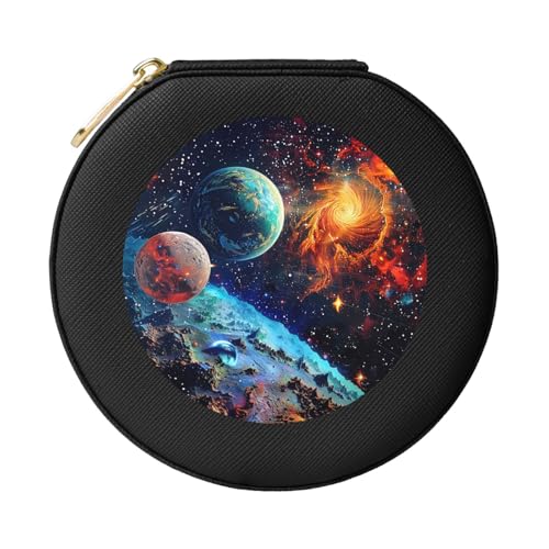 JTKREZ Space Planets Schmuckschatulle aus Leder, bedruckt, rund, schwarz, für Ohrringe, Ringe, Halsketten, Armbänder von JTKREZ