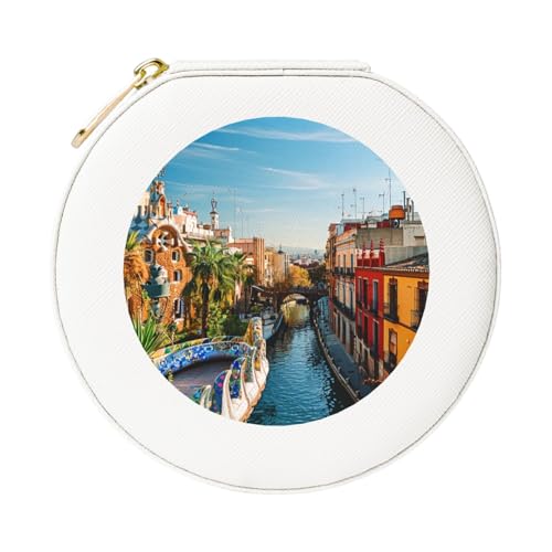 JTKREZ Spanien Wasserstadt bedruckte Leder-Schmuckschatulle, weiß, rund, Schmuck-Organizer für Ohrringe, Ringe, Halsketten, Armbänder von JTKREZ