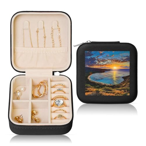 JTKREZ Sunrise Over Hanauma Bay Oahu Hawaii bedruckte Leder-Schmuckschatulle, schwarz, quadratisch, Schmuck-Organizer für Ohrringe, Ringe, Halsketten, Armbänder von JTKREZ