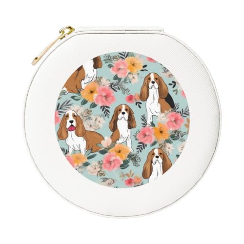 JTKREZ Sweet Basset Hound Florals bedruckte Leder-Schmuckschatulle, weiß, rund, Schmuck-Organizer für Ohrringe, Ringe, Halsketten, Armbänder von JTKREZ