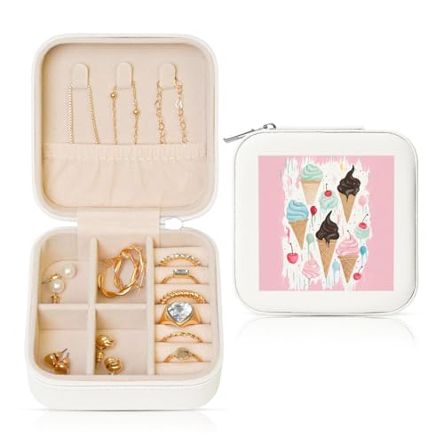 JTKREZ Sweet Ice Cream bedruckte Leder-Schmuckschatulle, weiß, quadratisch, Schmuck-Organizer für Ohrringe, Ringe, Halsketten, Armbänder von JTKREZ