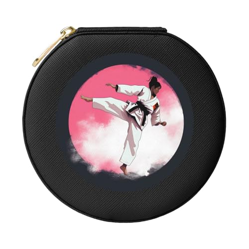 JTKREZ Taekwondo-Design bedruckte Leder-Schmuckschatulle, schwarz, rund, Schmuck-Organizer für Ohrringe, Ringe, Halsketten, Armbänder von JTKREZ