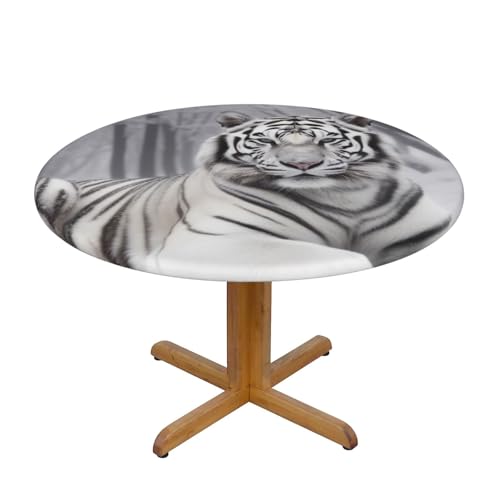 JTKREZ The Wild White Tiger bedruckte runde Tischdecke, waschbar, dekorative Tischdecke, elastischer Rand, Tischdecke für drinnen und draußen, 122 cm von JTKREZ