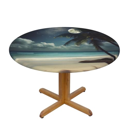 JTKREZ Tischdecke, Motiv: tropische Strandpalme mit Vollmonddruck, rund, waschbar, dekorative Tischdecke, elastischer Rand, Tischdecke für drinnen und draußen, 122 cm JTKREZ Tischdecke, Motiv: tropische Strandpalme mit Vollmonddruck, rund, waschbar, dekorative Tischdecke, elastischer Rand, Tischdecke für drinnen und draußen, 122 cm von JTKREZ