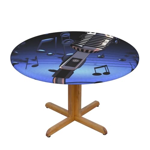 JTKREZ Tischdecke mit Mikrofon mit Musiknoten, bedruckt, rund, 137 cm, waschbar, dekorative Tischdecke, elastischer Rand, Tischdecke für drinnen und draußen von JTKREZ
