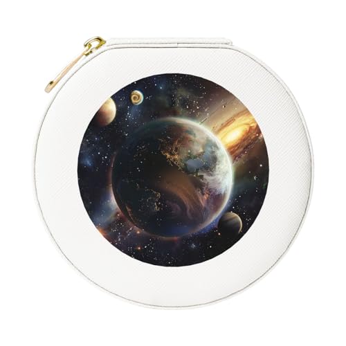 JTKREZ Universe Planet Schmuckschatulle aus bedrucktem Leder, weiß, rund, Schmuck-Organizer für Ohrringe, Ringe, Halsketten, Armbänder von JTKREZ