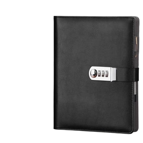 JTKSSCS Tagebuch Mit Schloss A5-Leder-Padfolio-Geschäftsreise-Notizbuch-Planer-Portfolio mit Passwortsperre, lose Blätter, 6-Loch-Ringbuch(A5 black) von JTKSSCS