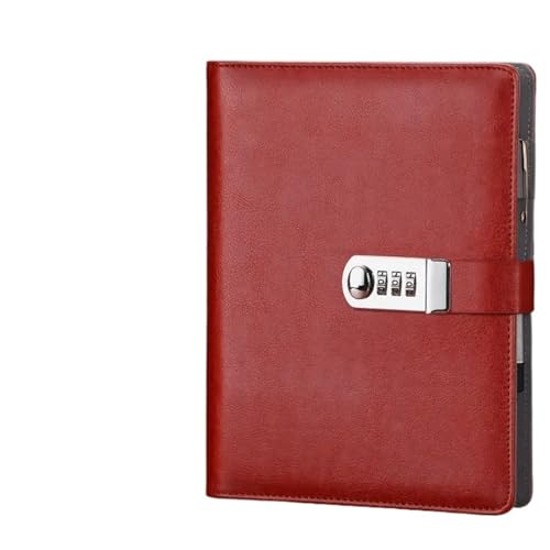 JTKSSCS Tagebuch Mit Schloss A5-Leder-Padfolio-Geschäftsreise-Notizbuch-Planer-Portfolio mit Passwortsperre, lose Blätter, 6-Loch-Ringbuch(A5 red) von JTKSSCS