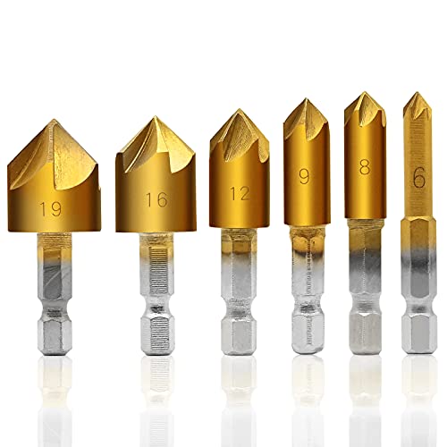 Sechskant Senker Bohrer, 6 Stück Kegelsenker Set HSS Senker Bohrer Set 90° Kegelsenker Countersink Zähler Senker Sats mit Titan Beschichtete für Holz und weichem Metall Fasefräser 6/8/9/12/16/19mm Sechskant Senker Bohrer, 6 Stück Kegelsenker Set HSS Senker Bohrer Set 90° Kegelsenker Countersink Zähler Senker Sats mit Titan Beschichtete für Holz und weichem Metall Fasefräser 6/8/9/12/16/19mm von JTOOYS