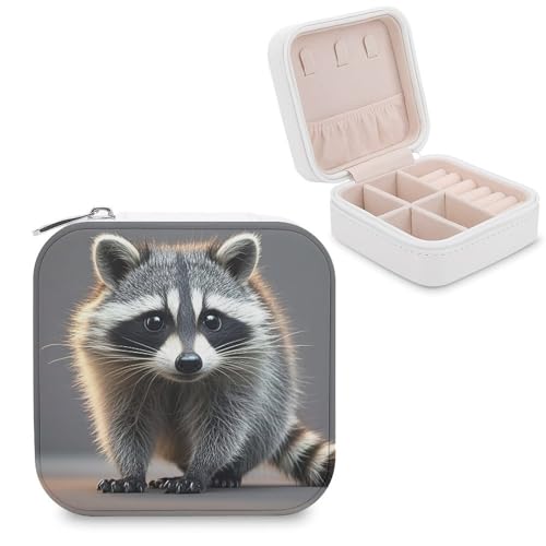 JTREWBV Kleiner Schmuck-Organizer aus PU-Leder, Waschbär-Druck, Reise-Schmuckschatulle, tragbares Mini-Reiseetui für Ohrstecker, Ringe, Halsketten von JTREWBV