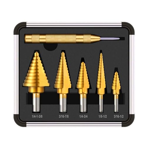 Stufenbohrer-Set mit automatischem Körner, HSS Titanium Hochgeschwindigkeitsstahl-Stufenbohrer, 50 Größen, Stufenbohrer für Metall, Aluminium, Holz, Kunststoff, 5-teilig Stufenbohrer-Set mit automatischem Körner, HSS Titanium Hochgeschwindigkeitsstahl-Stufenbohrer, 50 Größen, Stufenbohrer für Metall, Aluminium, Holz, Kunststoff, 5-teilig von JTZXJJX
