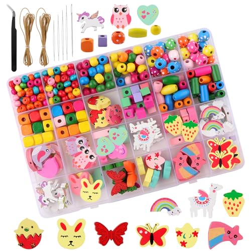 Handwerk Bunte Holzperlen Zum Auffädeln DIY Perlen Schmuck Set Kinder Holzperlen mit Loch zum Auffädeln Bastelperlen für Armbänder Schnurset Halsketten Geschenk (500 Stück Handwerk Bunte Holzperlen C) von JTgugu