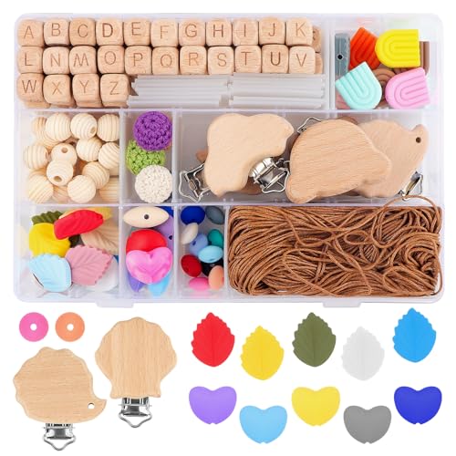 JTgugu Beech Holzperlen Set 160 Stück DIY Schmuck Holzkugeln inkl. 78stk Buchstabenperlen, Natur Holz Perlen mit Loch, Silikonperlen & Holzclips Bastelset für Handwerk Makramee & Schmuckherstellung von JTgugu