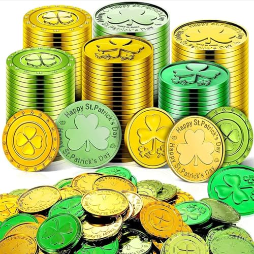 JUCHRZEY 4-blättriges Kleeblatt, Glücksmünzen, Spielzeug, Geschenk for Partys, 50 Stück/100 Stück Kleeblatt-Münzen aus Kunststoff, Tischdekoration, St. Patricks Day, Glücksmünzen for die St. JUCHRZEY 4-blättriges Kleeblatt, Glücksmünzen, Spielzeug, Geschenk for Partys, 50 Stück/100 Stück Kleeblatt-Münzen aus Kunststoff, Tischdekoration, St. Patricks Day, Glücksmünzen for die St. von JUCHRZEY