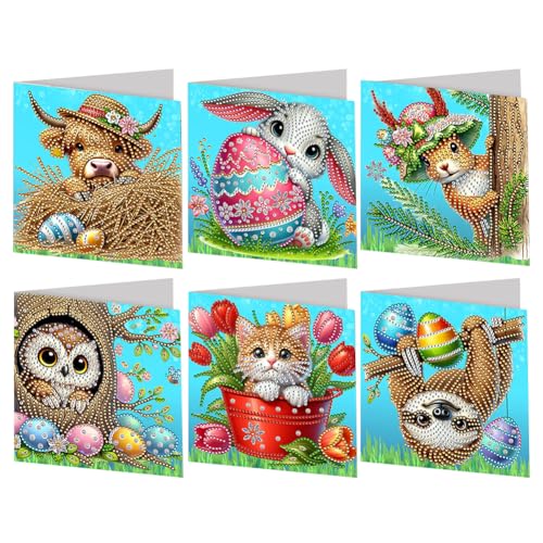JUCHRZEY 6er Set Ostern Diamond Painting Karte, 5D Diamant Malerei Karten Set, Ostern Deko, Diamantmalerei Grußkarte for Feiertagsfeiern von JUCHRZEY