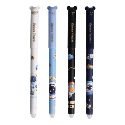JUCHRZEY Radierbare Gelstifte, 0,5 mm Spitze, niedliches Cartoon Radiergummi Stift Set mit Radierer, Schulbedarf (4 Stifte mit Astronauten-Motiv) von JUCHRZEY