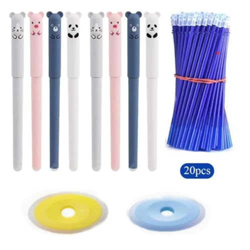 JUCHRZEY Radierbare Gelstifte, 0,5 mm Spitze, niedliches Cartoon-Radiergummi-Stift Set mit Radiergummi, Studienmaterial for Schüler und Büro (8 Stifte, 20 Nachfüllungen, 2 Radiergummis) von JUCHRZEY