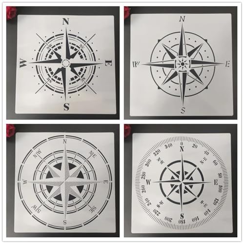 Schablonen zum Basteln, 4 Stück, 30 x 30 cm, Kompass, wiederverwendbar, Schablonen-Set zum Malen auf Holz, Wand, Leinwand, Kunststoffschablone für Tür, Heimdekoration von JUDUOYANXIAN