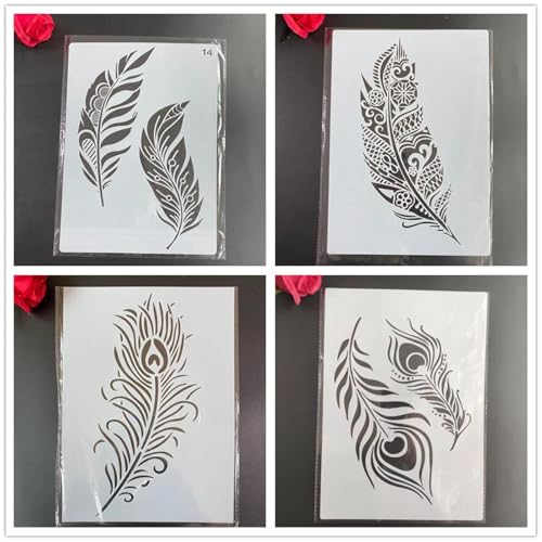 Schablonen zum Basteln, 4 Stück, A4, 29 x 21 cm, Federn, wiederverwendbar, Schablonen-Set zum Malen auf Holzwand, Leinwand, Kunststoffschablone für Tür, Heimdekoration von JUDUOYANXIAN