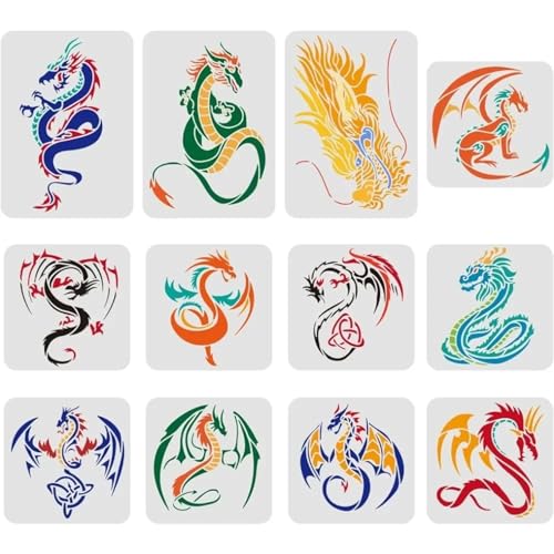 Wiederverwendbare Drachen-Schablonen, 12 Stück, wiederverwendbare Drachen-Schablonen zum Malen auf Holz, Wand, Stoff, Stein, Schild, DIY-Kunstprojekte, Tiervorlage von JUDUOYANXIAN