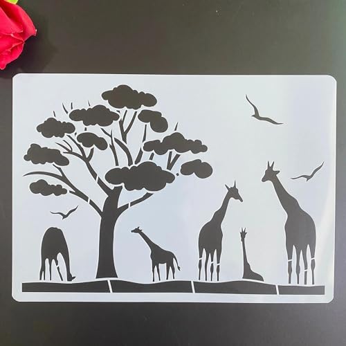 Zeichenschablonen, A4, 29 x 21 cm, Afrikanische Giraffe, wiederverwendbares Kunststoff-Schablonen-Set zum Malen auf Holz, Wand, Stoff, Stein, Leinwand, Möbel, Heimdekoration von JUDUOYANXIAN