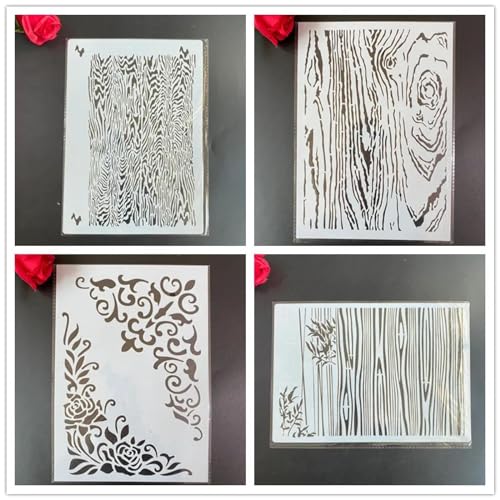 Zeichenschablonen, A4, 29 x 21 cm, Holzmaserung, wiederverwendbar, Kunststoff-Schablonen-Set zum Malen auf Holz, Wand, Stoff, Stein, Leinwand, Möbel, Heimdekoration, 4 Stück von JUDUOYANXIAN
