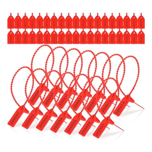 JUFUM Manipulationssicheres Siegeletikett aus Kunststoff, Sicherheitsnummer, Reißverschluss, Halsband, 250 mm Länge, 2000 Stück, Rot von JUFUM