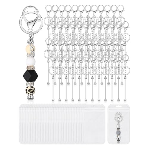 JUFUM Set mit 48 Perlen-Schlüsselanhängern, blanko, Metallperlen, Schlüsselanhänger mit wiederverschließbaren Beuteln, für DIY-Projekte, Silber, langlebig, einfach zu bedienen von JUFUM