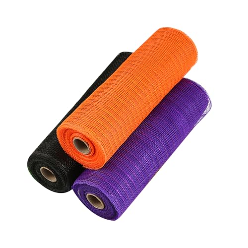 JUFYVO Halloween-Deko-Mesh-Rollen, schwarz, orange, lila, DIY-Deko-Mesh-Bänder, Metallfolienband, Wickelband für Kränze, Handwerk, 26 cm x 9,1 m, 3 Rollen von JUFYVO