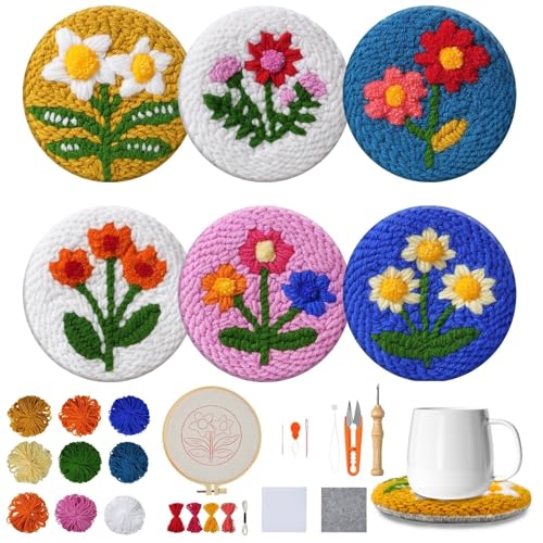 JUJOYBD 6-teiliges Punch Needle Untersetzer Set, DIY Stickset Handarbeit mit Blumen-Motiven, Garn, Stickrahmen, Anleitung & Halter Home Decor Bastelset Geschenke JUJOYBD 6-teiliges Punch Needle Untersetzer Set, DIY Stickset Handarbeit mit Blumen-Motiven, Garn, Stickrahmen, Anleitung & Halter Home Decor Bastelset Geschenke von JUJOYBD