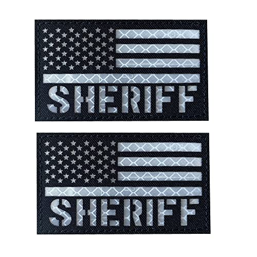 2 Stück reflektierender Sheriff-Patch US-Flagge mit Haken auf der Rückseite für Servicegeschirr, taktische Weste, Kragen, Hakenverschluss, Rückseite (schwarz-weiß) von JUJUPUPS