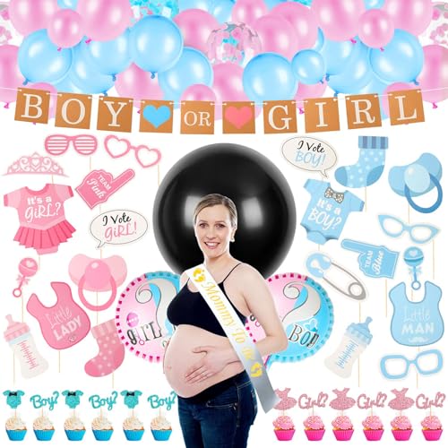 JULBEAR Gender Reveal Party Deko, 150 Stück Boy or Girl Überraschungsdekorationen Baby Shower Party Dekoration Wiederverwendbare Ballon Banner Konfetti Girlande Kuchendeckel von JULBEAR