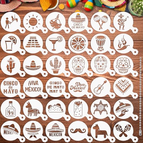 JULBEAR Wiederverwendbare Cinco de Mayo mexikanische Fiesta-Schablonen für Kekse, Kuchen, Kaffee, Schablonen für Mexiko, DIY, Urlaub, Backen, Malen, Dessert, Basteln, Dekoration, 36 Stück von JULBEAR