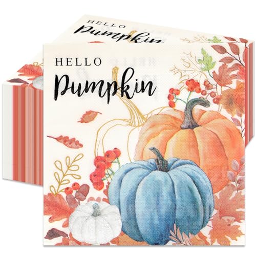 JULMELON Papierservietten mit Herbstkürbis, Einweg-Servietten, Aquarell-Stil, Herbst-Kürbis-Servietten, Ernte-Party, Abendessen, Serviette für Thanksgiving, Partyzubehör, 16,5 x 16,5 cm, 100 Stück von JULMELON
