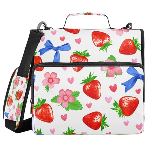 JUMBEAR Aquarell-Erdbeeren-Ordner mit Reißverschluss, mit Schultergurt, 3,8 cm O-Ringe, Fächermappe, mehrere Taschen, Kapazität 600 Blatt von JUMBEAR