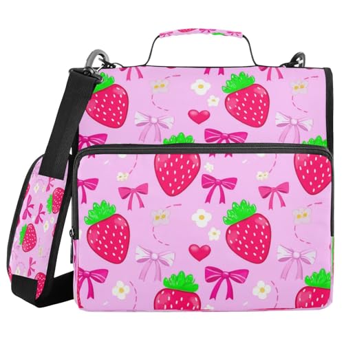 JUMBEAR Aquarell-Erdbeeren-Ordner mit Reißverschluss, mit Schultergurt, 3,8 cm O-Ringe, Fächermappe, mehrere Taschen, Kapazität 600 Blatt von JUMBEAR