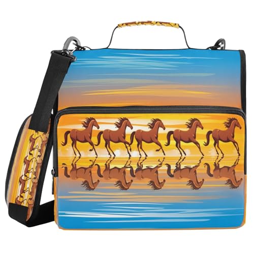 JUMBEAR Brown Horses Ordner mit Reißverschluss, mit Schultergurt, 3,8 cm O-Ringe, Fächermappe, mehrere Taschen, Kapazität 600 Blatt von JUMBEAR