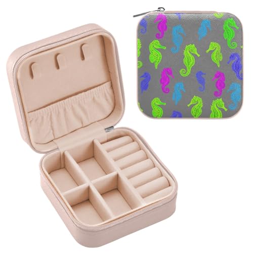 JUMBEAR Bunte Seepferdchen-Reise-Schmuckschatulle für Damen, Mini-Reise-Schmuck-Aufbewahrungsbox für Halsketten, Armbänder, Ohrringe von JUMBEAR