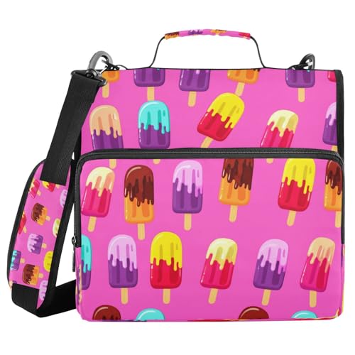 JUMBEAR Bunter Eiscreme-Ordner mit Reißverschluss, mit Schultergurt, 3,8 cm O-Ringe, Fächermappe, mehrere Taschen, Kapazität 600 Blatt von JUMBEAR