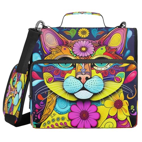 JUMBEAR Bunter Katzen-Ordner mit Reißverschluss, mit Schultergurt, 3,8 cm O-Ringe, erweiterbarer Aktenordner, mehrere Taschen, Kapazität 600 Blatt von JUMBEAR