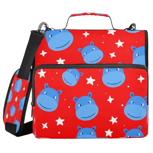 JUMBEAR Cartoon Blue Hippo Faces Reißverschluss Ordner mit Schultergurt, 3,8 cm O-Ringe, Fächermappe, mehrere Taschen, Kapazität 600 Blatt von JUMBEAR