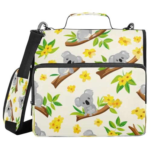 JUMBEAR Cartoon-Koala-Reißverschluss-Mappe mit Schultergurt, 3,8 cm O-Ringe, Fächermappe, mehrere Taschen, Kapazität 600 Blatt von JUMBEAR