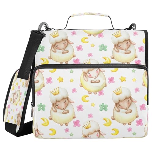 JUMBEAR Cartoon-Schaf-Reißverschluss-Mappe mit Schultergurt, 3,8 cm O-Ringe, Fächermappe, mehrere Taschen, Kapazität 600 Blatt von JUMBEAR