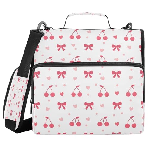 JUMBEAR Cherries and Bows Reißverschluss-Ordner mit Schultergurt, 3,8 cm O-Ringe, Fächermappe, mehrere Taschen, Kapazität 600 Blatt von JUMBEAR