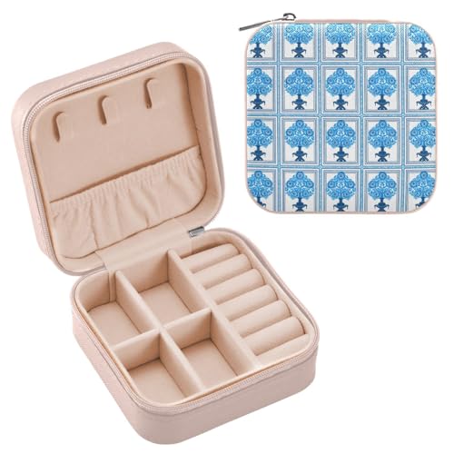 JUMBEAR Elegante blaue Blumen-Reise-Schmuckschatulle für Damen, Mini-Reise-Schmuck-Aufbewahrungsbox für Halsketten, Armbänder, Ohrringe von JUMBEAR