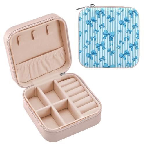 JUMBEAR Elegante blaue Schleifen-Reise-Schmuckschatulle für Damen, Mini-Reise-Schmuck-Aufbewahrungsbox für Halsketten, Armbänder, Ohrringe von JUMBEAR